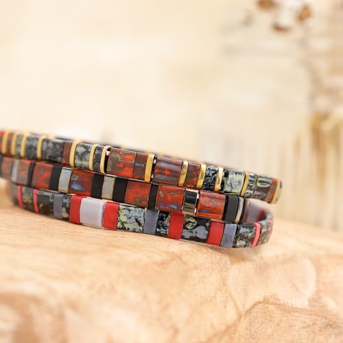 Sonateomber Tila Flat Beaded Stretch Stack Bracelets Set for Women, Trendy Stackable Colorful Glass Square Beads Bracelet Friendship Accessories Jewelry Gift - color: Gold Black Red Gray