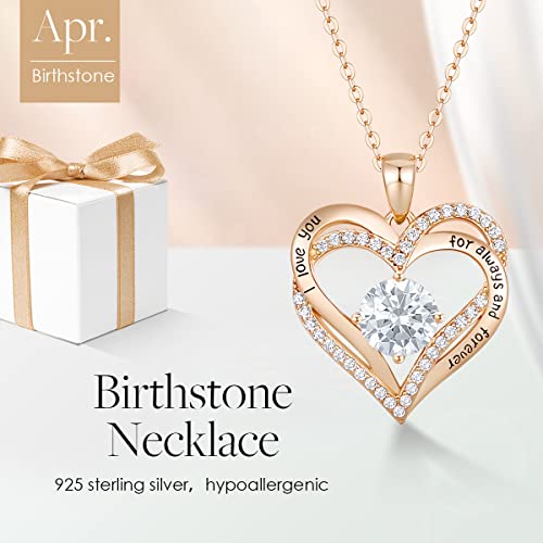 CDE Engraved Forever Love Heart Birthstone Necklace Jewelry Gifts for Women | Hypoallergenic,Nickel-Free & Lead-Free,3 x 3 mm 5A CZ Heart Pendant,Anniversary Christmas Birthday Gift for Girlfriend Wife - color: Birthstone-04-Apr, style: Rose Gold Plated-S