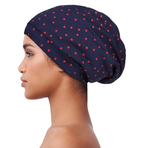 Alnorm Unisex Chic Cap for Natural, Curly Long Hair, Frizzy Hair, or Deadlocks - color: Navy Red Dots