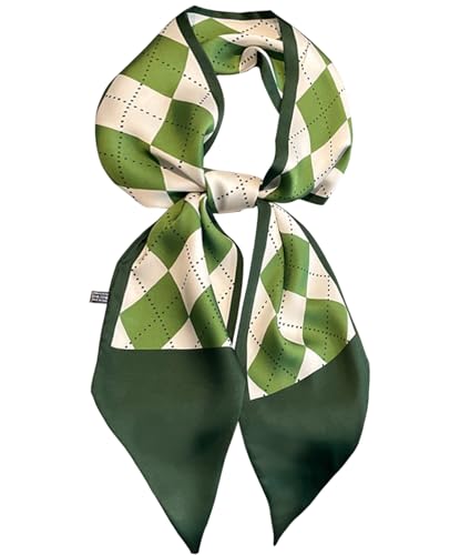 kcctoo 59" Mulberry Silk Like Head Scarf Women's Fashion Square Neck Satin Scarfs for Bag Hair Scarves Gift 59 * 5.9” - color: I01 Green Squares 59" X 5.9"