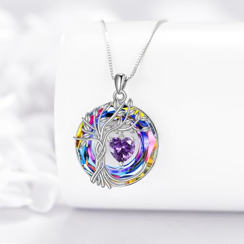 POPLYKE Mothers Day Gifts for Mom Her Wife Tree of Life Necklace 925 Sterling Silver Birthstone Pendant with Crystal Anniversary Birthday Wedding Jewelry for Women - color: 02-Feb-Amethyst, style: White Gold Plated-Volcano Crystal