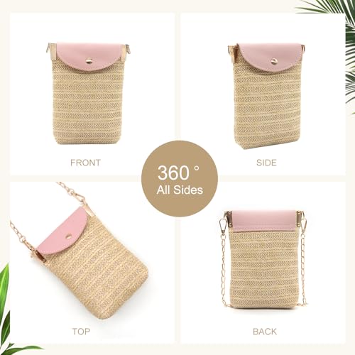 Long Keeper Small Straw Crossbody Phone Purse for Women Mini Faux Straw Summer Crossbody Boho Shoulder Bag for Beach Holiday - color: Pink
