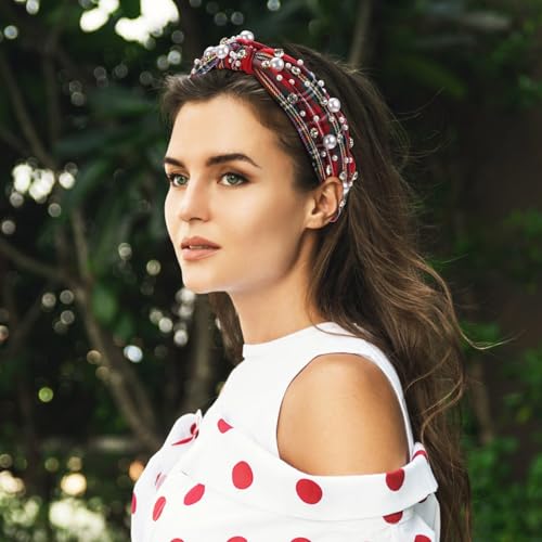 WantGor Pearl Knotted Headband, Women Rhinestone Embellished Hairband Elegant Wide Top Knot Bride Headbands Headpieces Party Fashion Elegant Ladies Hair Band Hair Hoop Accessories (Red Plaid) - color: Red Plaid