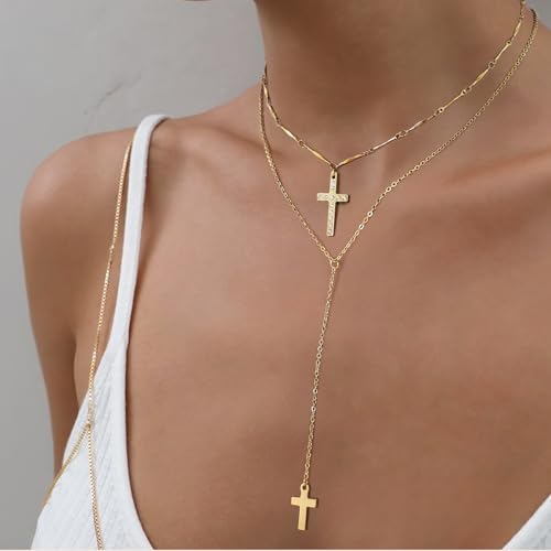 DALI Long Gold Necklaces for Women, Dainty Layered Sterling Silver Plated Y Shaped Necklace Stack Non Tarnish Cross CZ Pendant Long Chain Choker Adjustable Necklaces Jewelry for Vacation Christmas - color: Gold Cross Long Necklace