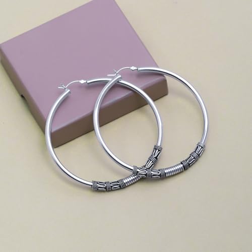 LeCalla 925 Sterling Silver Large Hoop Earrings | Lightweight Antique Bali Hoops | Two-Tone Bohemian Oxidized Balinese Earrings for Women - color: Oversized Bead Bali-60mm