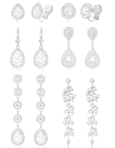 Clip on Earrings for Women Non Pierced Long Tassel Teardrop Chandelier Dangle Drop Earring Rhinestone CZ Earrings Clip Wedding Party Prom Stage Jewelry for Brides Bridesmaids Silver Plated