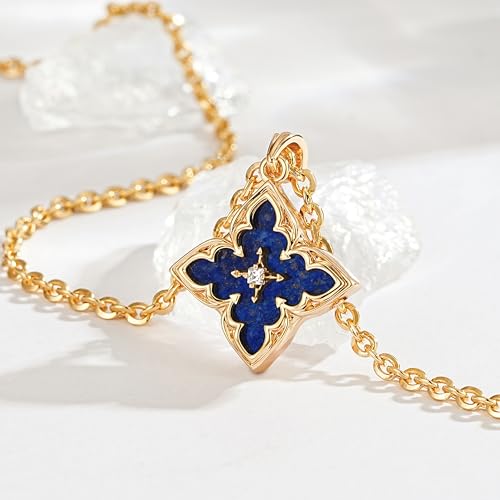 Fettero Gold Clover Necklace for Women Dainty 14K Gold Plated CZ Pendant Necklace Adjustable Chain Choker Charm Colorful Clover Pendant Lucky Necklaces for Women Jewelry - color: Dark-blue