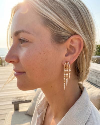 MUMREUES Gold Earrings for Women Trendy 14K Gold Plated Dangle Earrings Small Hoop Huggie Drop Stud Earrings Cubic Zirconia Simple Minimalist Dainty Chain Tassel Hypoallergenic Earrings - color: Tassel & Gold