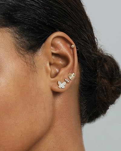 PAVOI 14K Gold Plated Dainty Flat Back Earrings for Women - Hypoallergenic Sterling Silver Posts Helix Cartilage Piercing Jewelry - Emoji Motif Bow Celestial Flatback Gold Stud Earrings Screw Back - style: Butterfly 4-Pair Set