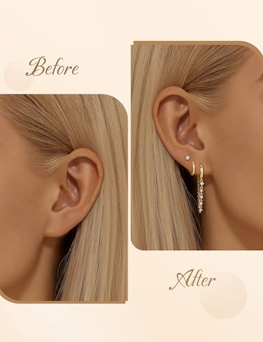 Turandoss Gold Hoop Earrings for Women, Small Hoop Chain Dangle CZ Stud Earrings, Minimalist Gold Earrings for Multiple Piercings, Lightweight Everyday Jewelry for Women