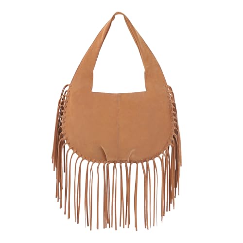 HDE Women's Faux Suede Leather Bag Fringe Tassel Shoulder Purse Western Handbag - color: Camel Brown