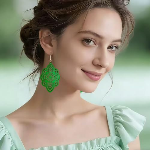 Bohemian Wood Earrings Natural Retro Lightweight Hollow Pattern Geometric Wooden Dangle Drop Earrings Statement Vintage Jewelry - color: mint green
