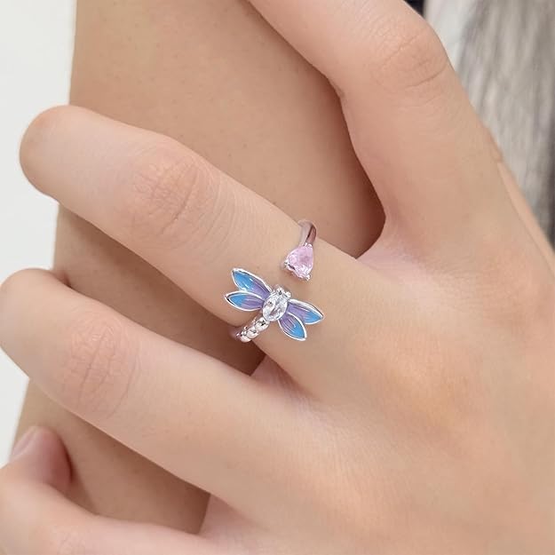 PARCOM Adjustable Women Stackable Ring, 925 Sterling Silver Open Rings - Trendy Eternity Cubic Zirconia Stackable Band Engagement Promise Ring for Her, Hypoallergenic Non Tarnish Nature Bird Floral Thumb Rings - color: Dragonfly Heart
