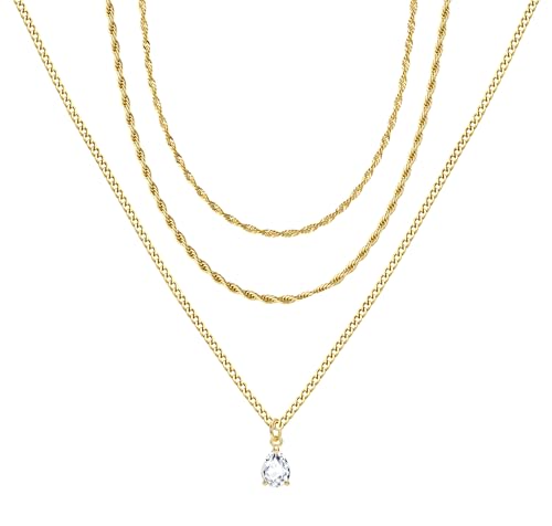 ORAZIO Gold Necklaces for Women,Layered Gold Necklace,14K Gold Plated Pendant Necklaces,Simple Choker Necklaces Set, Dainty Gold Chain Necklaces,Trendy Gold Stacked Jewelry Gifts for Women - color: 3Pcs/Wave & Twist & CZ