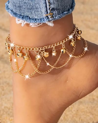 Gold Bell Anklets for Women Dainty Boho Bell Charm Ankle Bracelets Trendy Adjustable Tinkle Bell Anklets Summer Beach Chainlets Hawaiian Foot Jewelry Accessories
