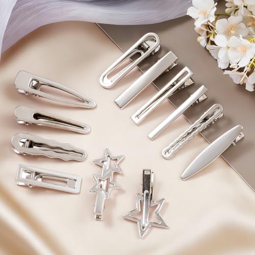 24pcs Cute Metal Hair Clips, 12 Styles Silver Hair Clip Alligator Barrettes, Rectangle Wavy Non-Slip 2000s Hair Accessories for Women Daily, Party