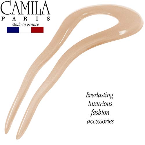 Camila Paris CP3096 French Twist Stick Clip Pins, Beige, Wavy Hair Pin U-Shaped Hair Fork for Girls Spiral Updo Chignon Bun Holder, Fashion Flexible Styling Hair Accessories for Women, Made in France - color: 2-Prong Beige