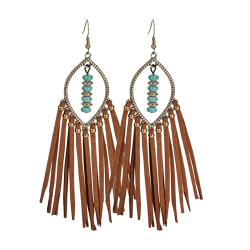 Long Bohemian Fringe Leather Earrrings Handmade Tassel Earrings with Turquoise Christmas Long Dangle Earrings for Women rodeo jewelry - color: 4