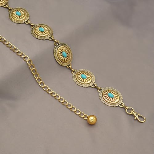 Women's Concho Chain Belt Western Cowgirl Metal Waist Chain Belt for Dress - color: B Gold, size: L: 53.1 in