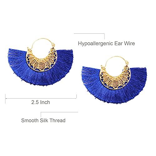 Tassel Hoop Earring Statement Thread Dangle Earrings Stylish Long Fringe Drop Earrings Lightweight Long Swingy French Hook Earrings for Women - color: B Sapphire Blue