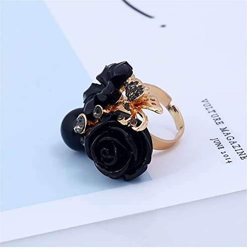 CZ Rose Flower Wedding Ring for Women Statement Engagement Round Rhinstone Crystal Aryclic Daisy Plumeria Adjustable Open Wrap Finger Rings Comfort Fit Cocktail Party Valentine Jewelry - color: Black
