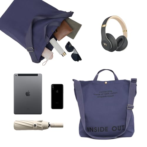 Canvas Tote Bag For Women inside out bag Crossbody Handbag with Adjustable Strap and Coin Purse for Work,Travel,Grocery - color: Dark Grey