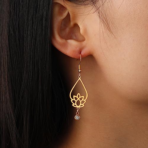 TEAMER Stainless Steel Lotus Flower Dangle Earrings Bohemian Drop Earring Unique Geometric Jewelry for Women - color: Lotus 6-Gold