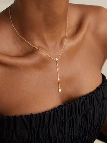 CHESKY Long Necklaces for Women, 14k Gold Plated/Streling Silver Lariat Necklace Dainty Statement Prom Necklace Rosary Cross Sun Drop Pendant Dangle Necklace Gold Prom Jewelry for Women Gifts - style: y necklace 10