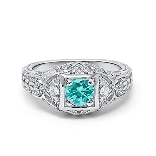 Blue Apple Co. Art Deco Ring Round Cubic Zirconia Leaf Filigree Design Split Shank Twisted Band Bridal Statement Wedding Engagement Rings For Women 925 Sterling Silver Gifts For Her - color: Simulated Paraiba Tourmaline CZ