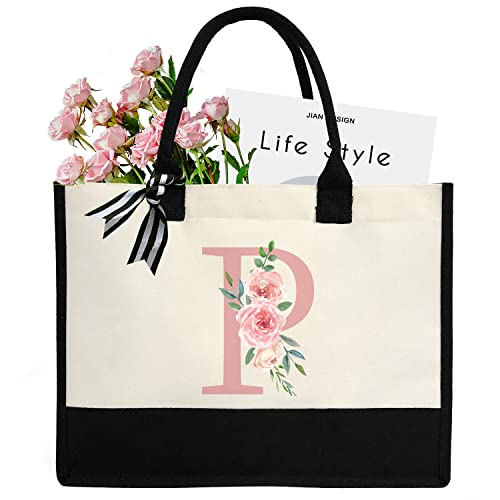 Initial Canvas Tote Bag for Women, Beach Bag with Inner Zipper Pocket Personalized Gifts for Wedding, Birthday | Initial - color: P