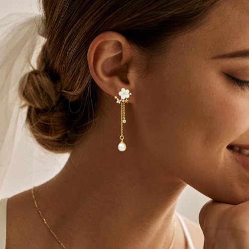 Pearl Earrings for Women, 14k Pearl Drop Dangle Earrings Gold Earrings for Women Trendy Cute Prom Bridal Earring Flower Long Earring Wedding Jewelry - color: style-4