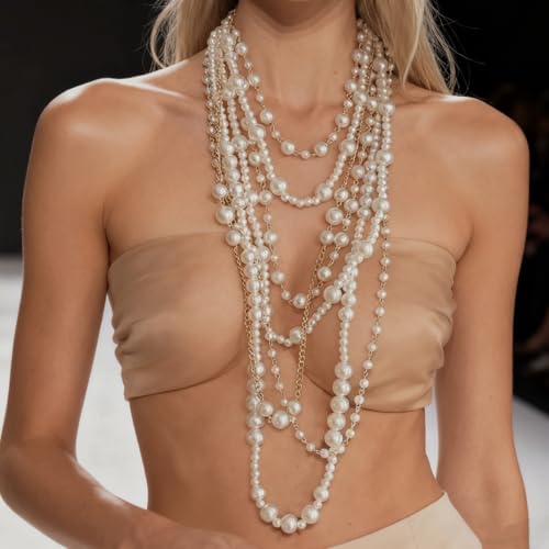 Layered Pearl Necklaces for Women Big Pearl Long Chain Necklace Dainty Faux Pearl Necklaces Statement Sweater Strand Chain Jewelry - style: White
