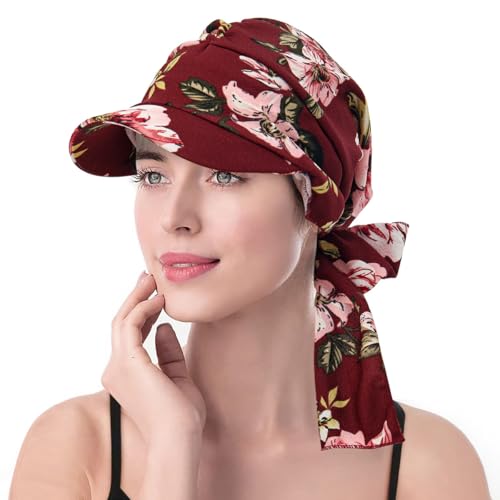XYIYI Chemo Headwear for Womens Cancer Patients, Head Scarf Chemotherapy Headwraps Hat - color: Wine Red Flowers