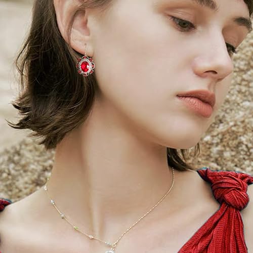 Handmade Bohemian Vintage Gold Sparkly Crystal Round Flower Leverback Earrings Cute Rhinestone Geometry Dangle Drop Earring for Women - color: Red