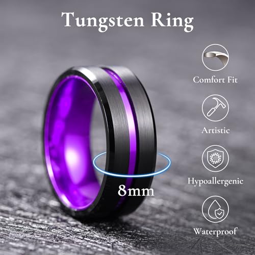 King Will Mens Tungsten Rings for Men Two Tone Grooved Mens Wedding Band Cool - color: Purple 8mm