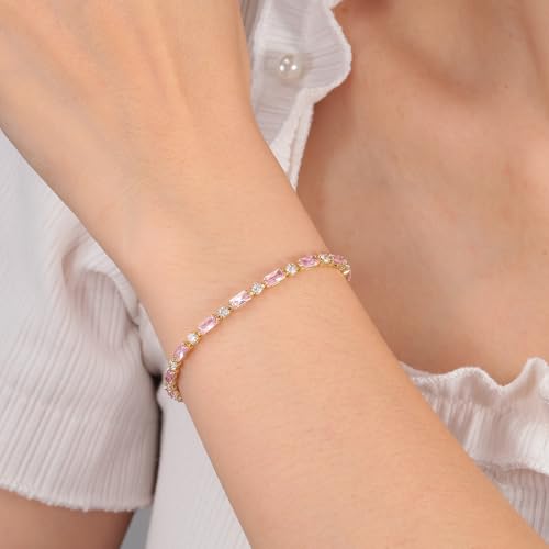 CiNily Adjustable Tennis Bracelets for Women Teen Girls Rainbow Cubic Zirconia Bracelet 14K White Gold Plated Hypoallergenic Slider Bracelet Jewelry Gift - color: Gold-Pink white cz