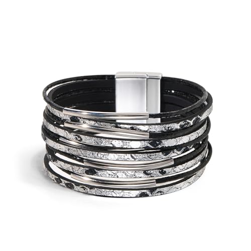 VIBILIA Boho Leather Wrap Bracelets for Women Men Multi-Layer Bracelets with Strong Clasp Western Jewelry - color: 10-Simple Style-Black