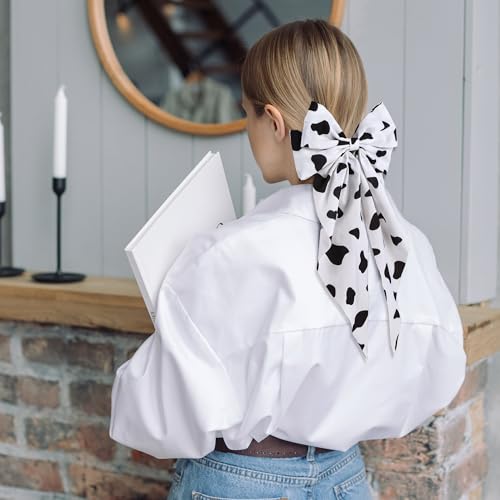 2 PCS 7In Cow Hair Bows Clips for Women Girls, Big Cow Print Long Tail White Black Hair Bow Large Hair Ribbon Barrettes Metal Clips Bowknot Aesthetic Hair Accessories Gifts (Black White)