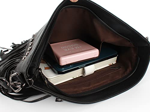 Hoce Women’s Leather Fringe Messenger Bag Large Hobo Crossbody Tassel Shoulder Bags, Gift for Mom Wife Girlfriend - color: Black