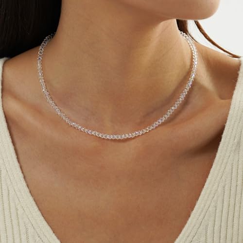 JSJOY Tiny Crystal Beaded Choker Necklaces for Women Colorful Beaded Necklace Dainty Choker Necklaces Simple Boho Jewelry Gifts for Teens Handmade Shining Bead Necklaces Gifts - color: White