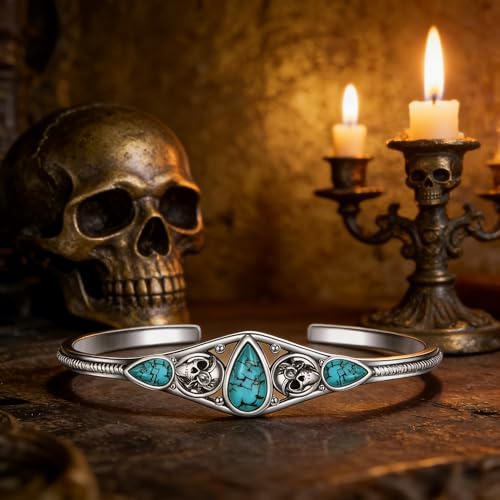 Genuine Turquoise Bracelet Cuff Bracelet for Women Mom 925 Sterling Silver Natural Turquoise Bangles Vintage Bracelet Boho Jewelry for Birthday Christmas Mother's Day Valentine's Day - style: Skull