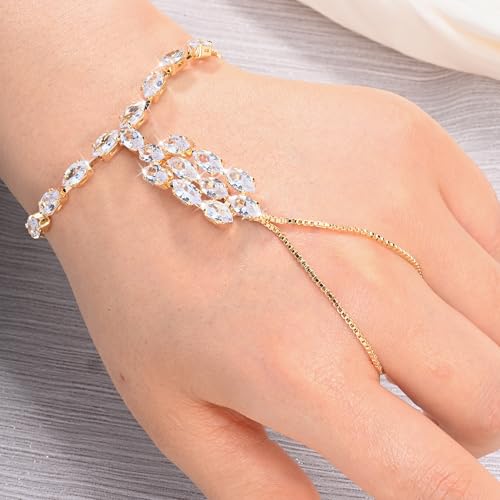 Adjustable Hand Chain Bracelet Women, 16K Gold Plated Finger Bracelet, Secure Ball Clasp Elegant Slave Hand Jewelry, Y2K Aesthetic Accessories for Summer Festival Prom Beach Vacation Daily Wear - color: style14-16K gold-plated