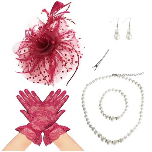 Fascinators Hat Pearl Earrings Necklace Bracelets Gloves 1920s Headband Hair Clips Women Flower Mesh Feather Headpiece Headwear Halloween Carnival Cocktail Wedding Tea Party Accessories Burgundy - color: Burgundy