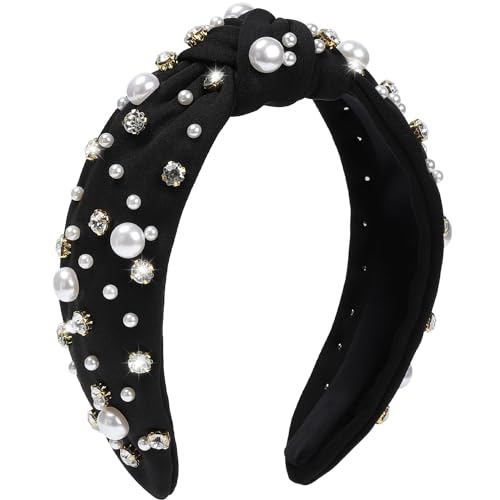 WantGor Pearl Knotted Headband, Women Rhinestone Embellished Hairband Elegant Wide Top Knot Bride Headbands Headpieces Party Fashion Elegant Ladies Hair Band Hair Hoop Accessories (Black) - color: Black