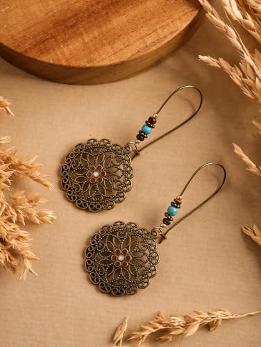 MINACHI Boho Antique Gold Tone Floral Mandala Drop Earrings with Turquoise Beads, Vintage Hippie Tribal Festival Western Jewelry Gift for Women