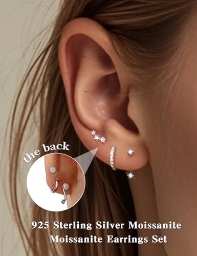 Moissanite 925 Sterling Silver Flatback Stud Jacket Earring Stacks 3 Pairs | Cartilage Earrings Set Hypoallergenic Trendy Small Earrings Earrings Set Dainty Earrings - color: 18K White Gold