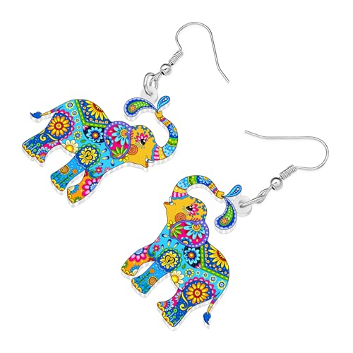 BONSNY Colorful Acrylic Elephant Dangle Earrings Bohemian Tribal Floral Design Boho Jewelry Gifts for Women Funny Novelty Hypoallergenic Spring Summer Gifts Accessories - color: Turquoise
