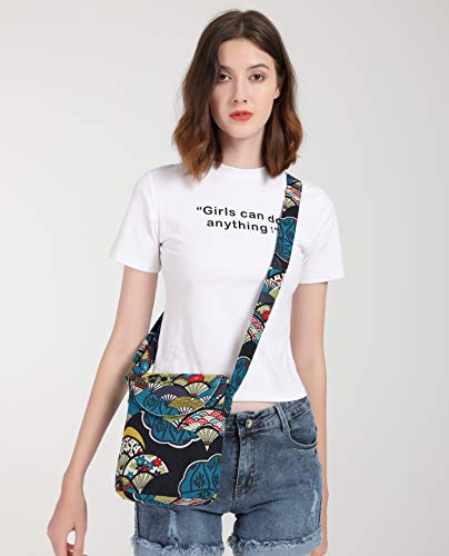 OPQRSTU Women's Retro Small Size Canvas Shoulder Bag Hippie Boho Crossbody Handbag - color: Blue