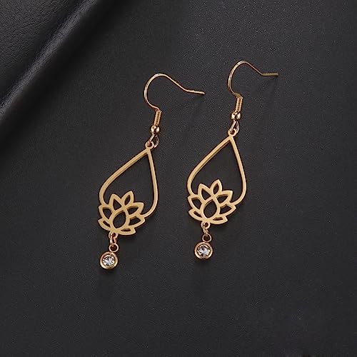 TEAMER Stainless Steel Lotus Flower Dangle Earrings Bohemian Drop Earring Unique Geometric Jewelry for Women - color: Lotus 6-Gold