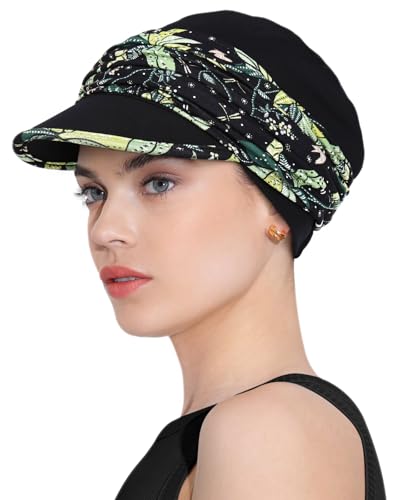 Chemo Headwear Viscose Newsboy Cap for Women Summer Hats - color: Black Green Pattern